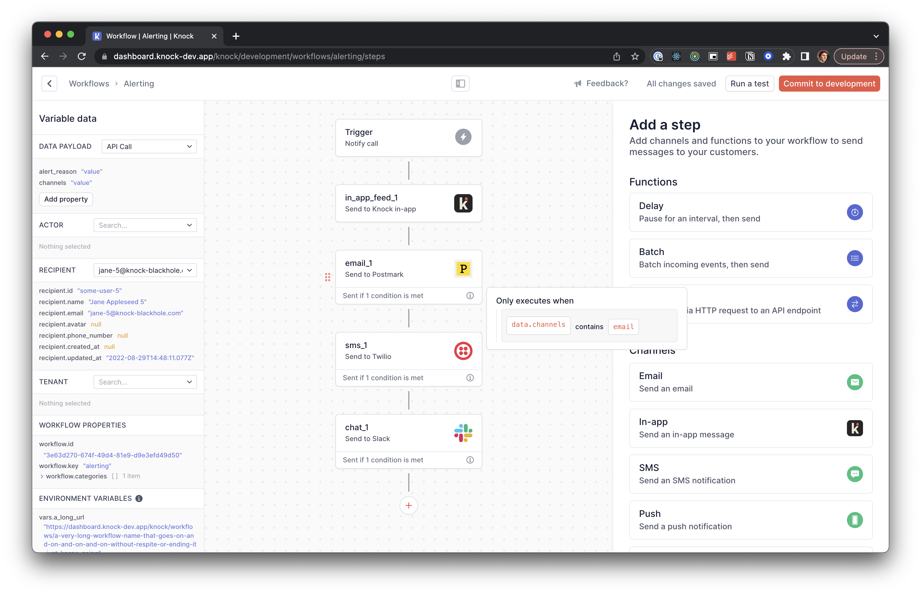 An example of a Knock workflow to use for cross-channel alerts